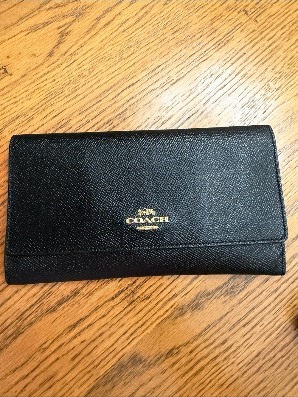 Coach Black Leather Tri-fold Long Wallet with Gold Logo Accent